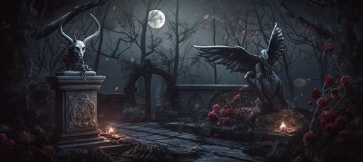 Gothic landscape scene, photo-realistic dark forrest at night, moon light, burgundy roses, creek, evil human angel of death Statue with wings and deer antlers in the middle of old tombstones --ar 9:4 --v 5.0