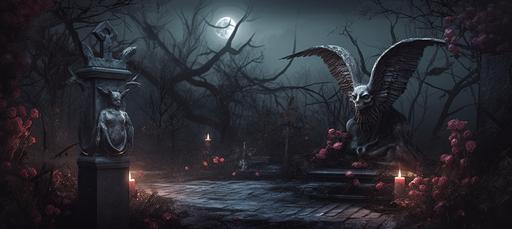 Gothic landscape scene, photo-realistic dark forrest at night, moon light, burgundy roses, creek, evil human angel of death Statue with wings and deer antlers in the middle of old tombstones --ar 9:4 --v 5.0