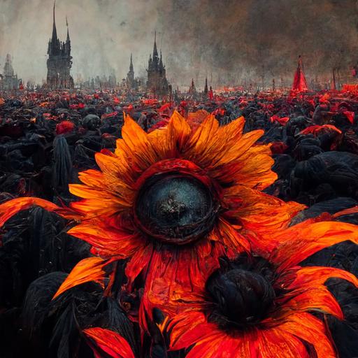 Gothic punk. A number of food stalls are open on the land of flowing lava, and a number of giant red sunflowers float in the sky.ar 16:9