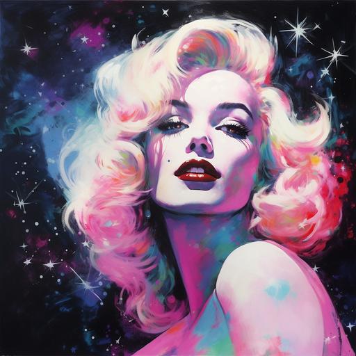 Gouache Paint, Super-Resolution Microscopy, Marilyn Monroe, 80s Movie Poster, Universe ,--w 30 --chaos 25 --v 5.2 --style raw