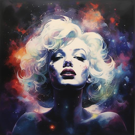 Gouache Paint, Super-Resolution Microscopy, Marilyn Monroe, 80s Movie Poster, Universe ,--w 30 --chaos 25 --v 5.2 --style raw