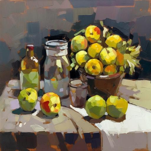 Gouache color, jar as subject, apples, pears, grapes, yellow-green lining, triangular composition, low saturation, dark gray tones layered with color block brushstrokes, ar--4:3 --v 5 --q 2