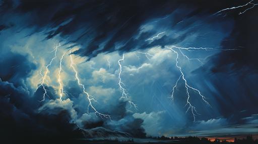 Gouache painting of a lightning storm, visible brush strokes --ar 16:9