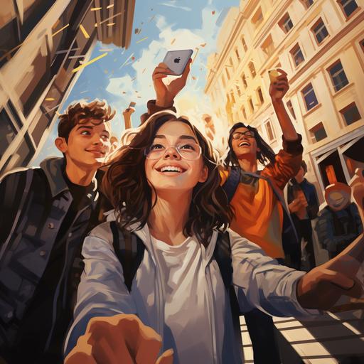 Gouache painting style akin to an oil painting of POV of a phone screen and teens taking a selfie in the City, shot on Iphone 13 Pro Max , UHD, high detail.