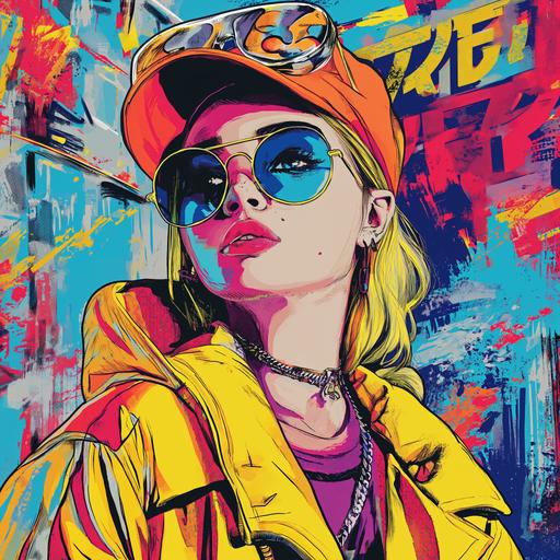 Graffiti style, beautiful colour selection, with bright graphic elements and depicting street fashion, poster reflecting street style trends, featuring a young blonde girl, wearing stylish clothes and accessories, symbolism style, minimalism style, illustration style --s 250 --v 6.0