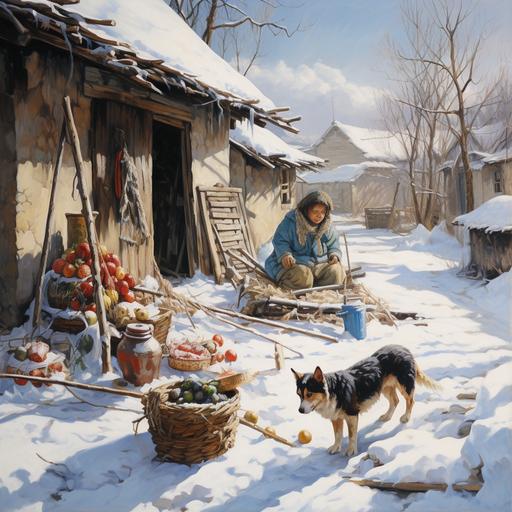 Graffiti, tranquility, dogs and kittens many small animals play in the snow, running, in the open space of the Chinese countryside, next to the farmer's home is still hanging dried sausage bacon, chili corn, very lovely, there is a fairy tale atmosphere, oil painting tones