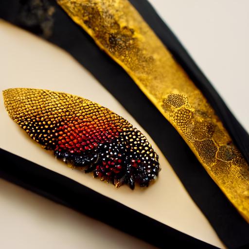 industrial design, product, decoration, hair clip, gold, in black tones, gold, laconic, high-tech, ruby stone, cosmic, graphics, sketch, drawing, wasps, autumn, honey, honeycomb, pixel,