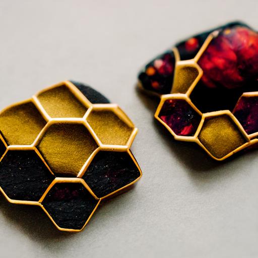 industrial design, product, decoration, hair clip, gold, in black tones, gold, laconic, high-tech, ruby stone, cosmic, graphics, sketch, drawing, wasps, autumn, honey, honeycomb, pixel,