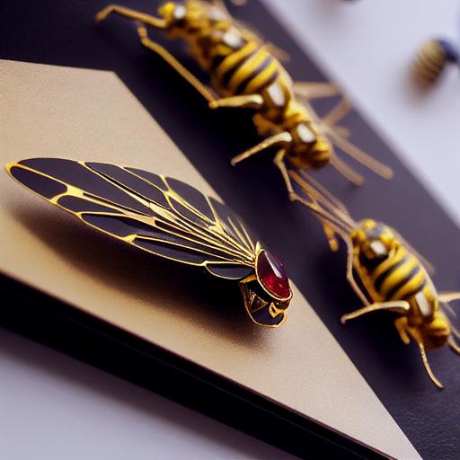 industrial design, product, decoration, hair clip, gold, in black tones, gold, laconic, high-tech, ruby stone, cosmic, graphics, sketch, drawing, wasps, autumn, honey, honeycomb, pixel, --test --creative
