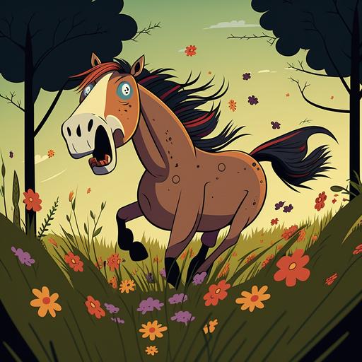 cartoon horse scared of everything and running in the field with flowers and trees