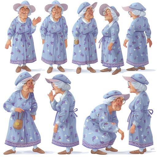 Grandma Anna, simple children’s book illustration of character sheet, a sweet, country medieval old mother wearing a light blue pajamas and sleeping hat, wearing glasses, full body, multiple angles, poses and expressions, character concept, white background –upbeta --v 6.0