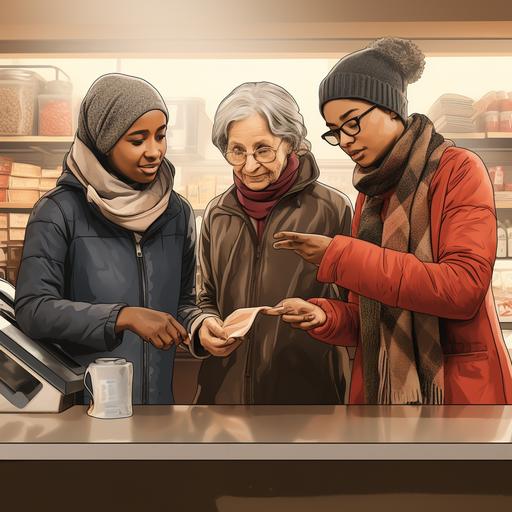 Grandmother is standing in the store at the checkout, she is wearing an old beige raincoat, a red scarf. gray hair sticking out from under the scarf, she stretched out her hands and looks at the pennies that lie in her hand. And behind her are 2 young women. the first woman with black hair in a green jacket and jeans. the second woman in a black jacket with brown hair wearing boots and a skirt. Around this grandmother, vegetables, fruits with chewing gum chocolates near the cash register