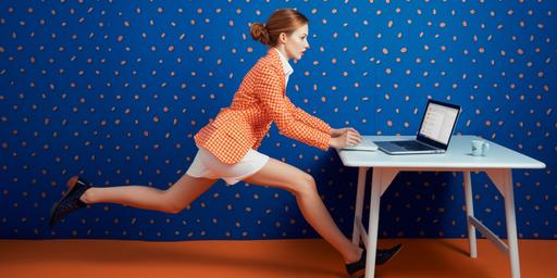 Young businesswoman with dark blue suit and running shoes in front of a laptop start position on white in the style of wes anderson, sandy skoglund, pattern explosion, flickr, pastel - hued, midcentury modern, carolina herrera, --ar 2:1 --q 2 --s 250 --v 5