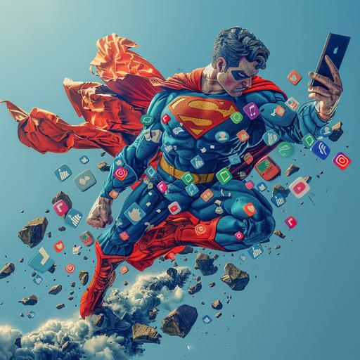 Graphic of a superhero flying with social media icons Illustration of a superhero holding a phone, real movie style, wide-angle lens, realistic, professional, full HD, dynamic composition. --s 250