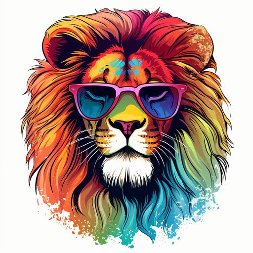 Graphic tshirt vector of a cute happy lion, wearing sunglasses, detail design, colorful, contour, white background