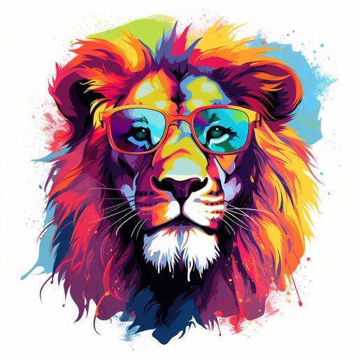Graphic tshirt vector of a cute happy lion, wearing sunglasses, detail design, colorful, contour, white background