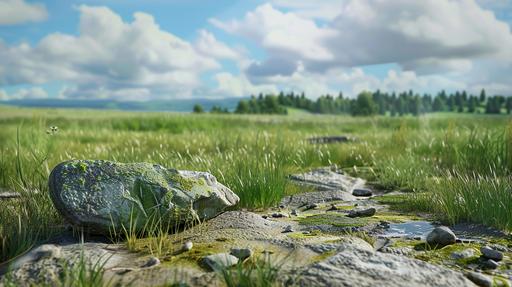 Grassland, Distant forest, Runway, Blue sky, Stone, Shoe product modeling, Product drawing, Super lifelike, real, Sports products, Illusory engine, 3d, UHD, high details, best quality, 16k --aspect 16:9