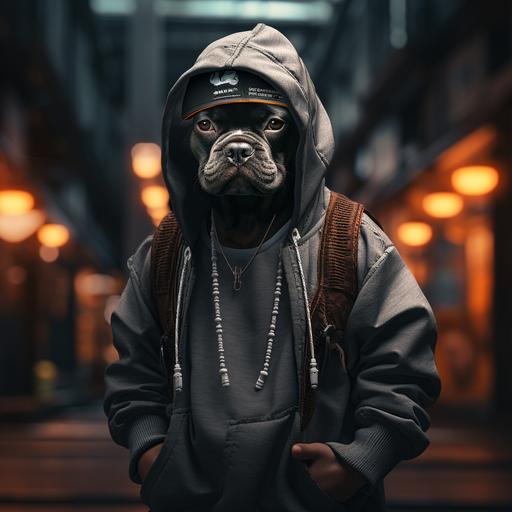 Gray French bulldog in hip hop clothing in a city