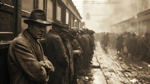 Great Depression, 1929, many people in line to take some warm soup, sepia color, steam in the air, foggy, demaged stained photo, ferrotype, decayed, worned out papper, old photo --ar 16:9 --stylize 750 --v 6.0