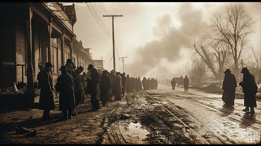 Great Depression, 1929, very cold morning, sadness, many people in line to take some warm soup, sepia color, steam in the air, foggy, demaged stained photo, ferrotype, decayed, worned out papper, old photo --ar 16:9 --stylize 750 --v 6.0