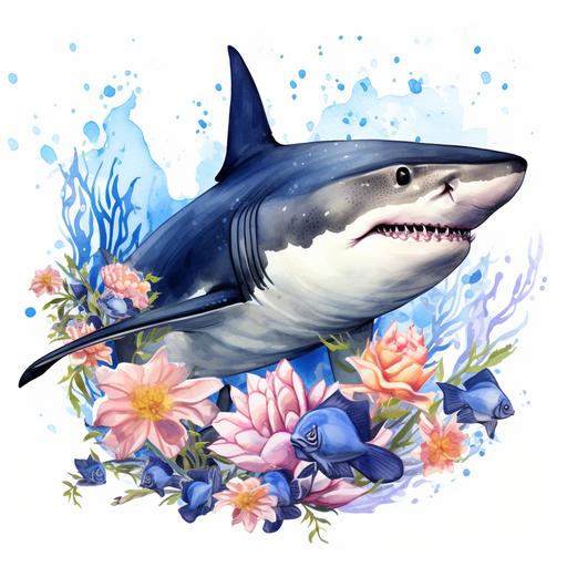 Great White Shark Watercolor Clipart Shark Spring Flowers PNG Commercial Use Shark PNG Graphic Sea Ocean Animals Design Illustration Print