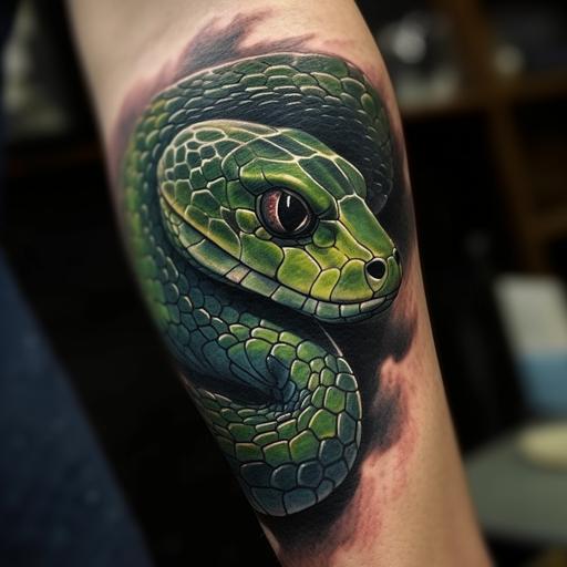Green Cobra fanged snake, forearm tattoo, photorealistic 8K --v 5 --s 750 --q 2 --v 5 --s 750 --q 2