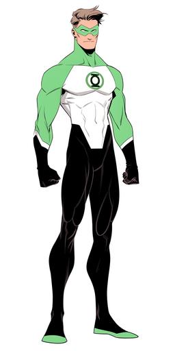 Green Lantern themed character, white & black costume, comic book cartoon, in the style of reinterpreted human form, hand-drawn animation, elongated figures, full body, --ar 1:2 --niji 5