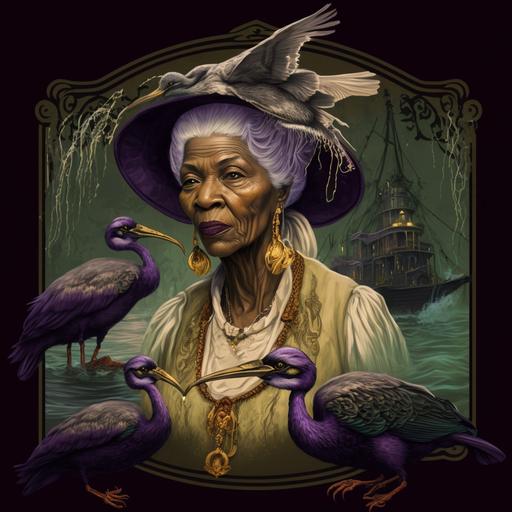 an old portrait of a wise old creole woman surrounded by pelicans, with a swirling bayou as a background in the style of mucha, new orleans, voodoo, supernatural, emblem, logo, regal, religous art, symbol, purple, green , gold, --v 4