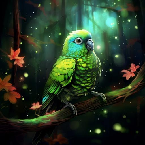 Green-cheeked parakeet , in a magical forest, with fireflies, cartoon, contrast --v 5.1