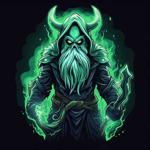 Green glowing ghostly Viking warrior, hooded and holding an axe, 3-head to body ratio, simple coloring, cartoon style, hades style