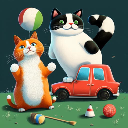 Green grass, blue skies, white cat playing with a red toy car, orange tabby playing with a red balloon, black and white tuxedo cat playing with a red ball