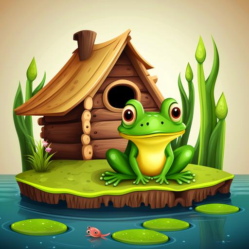 Green little frog that lives in a green pond sat beside his little house. His house is made from a log. Cartoon style