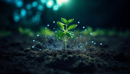 Green little plant coming out of the earth with business network, Data analysis of financial and banking, Stock, AI, Technology and data connection, Security, Blockchain and Networking, Business strategy. --ar 7:4