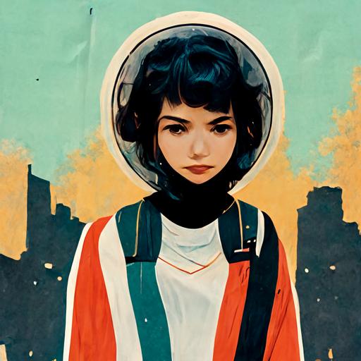 pretty female in a hipster space suit, anime hairstyle, beautiful, comic book style, standing in the street looking at the camera