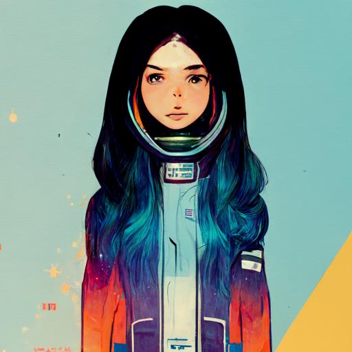 pretty female in a hipster space suit, cute, anime hair, science fiction, comic book style
