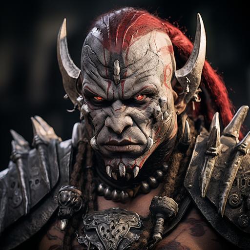 Grey skinned male orc warlord, muscles, red skull tattoo on face, face paint, large tusk teeth, hyper detailed spiked armor, photo realistic, unreal engine, cinematic burning battlefield background, red mohawk hair, world of warcraft, magic the gathering, photo realistic