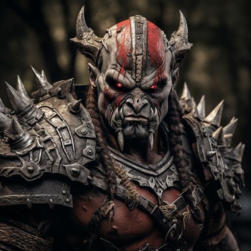 Grey skinned male orc warlord, muscles, red skull tattoo on face, face paint, large tusk teeth, hyper detailed spiked armor, photo realistic, unreal engine, cinematic burning battlefield background, red mohawk hair, world of warcraft, magic the gathering, photo realistic