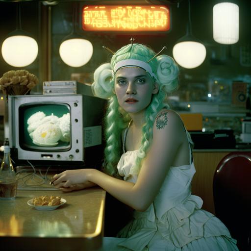 Grimes goddess Claire Boucher long green and white hair in viking braids, sitting in a retro diner wearing string twinkle lights as a dress and space helmet, long fingernails, playing giant flower filled synthisizers, bongs, neon signs, computer parts, 70's movie style, kodachrome film quality, realistic, hyper-realistic, photorealistic, Studio Lighting, reflections, dynamic pose, Cinematic, Realistic Chromatic Color Grading, Photography,Depth of Field, hyper-detailed, kodachrome film --v 4