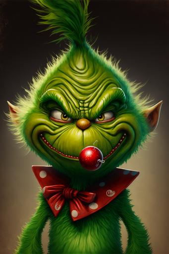 Grinch, grinch baby, kind grinch, sinister smile, detailed portrait, close-up, high definition, high detail, ultra HD, christmas background, HDR, cute little grinch, christmas tree in the background, grinch baby, snot from nose, lollipop in pocket --ar 2:3