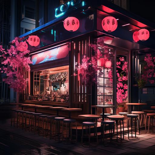 Imagine a Japanese restaurant, sophisticated urban style of 200 square meters, Tokyo streets type, neon signs and signage, all elegant Tokyo urban style
