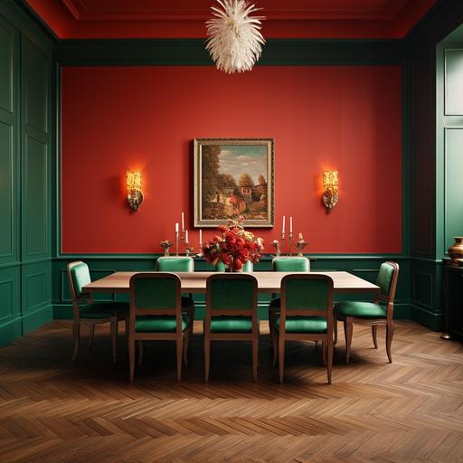 Imagine a colorful dining room, bright red table, emerald green velvet chairs, coral colored walls, red stained parquet wood floor