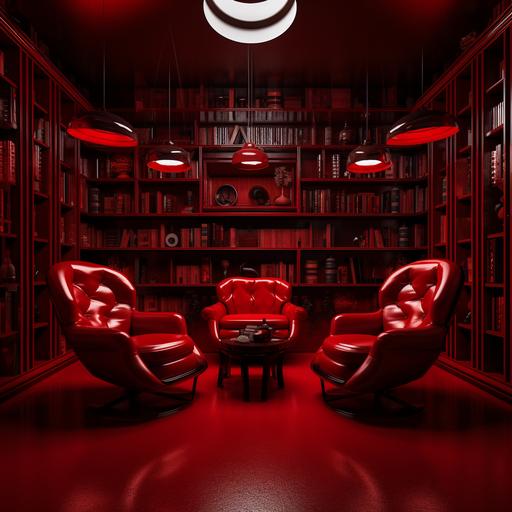 Imagine a library in the aesthetics of the movie Twin Peaks, with the aesthetics of film director David Lynch perfectly combined in red and bright wallnut wood, a library in the aesthetics of film director David Lynch, in monochrome red and wood glossy varnished wallnut