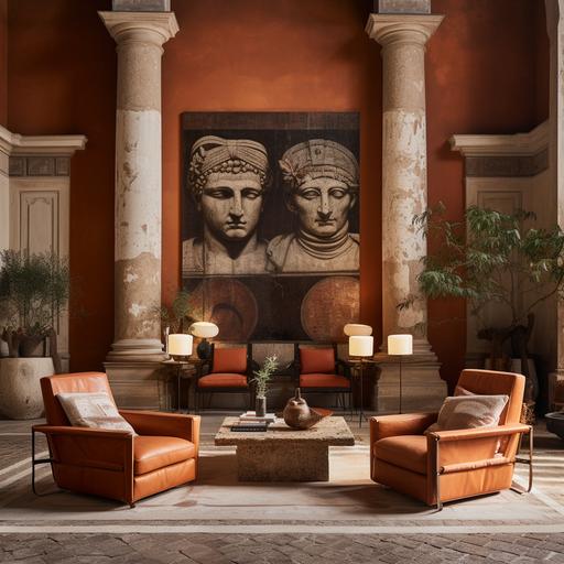 Imagine a living room, 5 meters by 5 meters, with worn and cracked walls, ancient space, Roman pillars with Greek busts, Carrara marble floor, aged terracotta walls with classic moldings in an environment with the passage of time, atmospheric warm, two terracotta-colored armchairs with a modern design in a space with a classic Roman aesthetic
