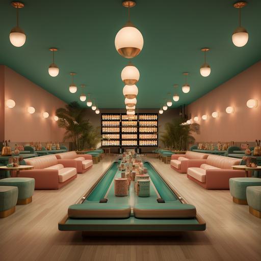 Imagine a modern bowling alley in the center of New York City, a bowling alley with elegant aesthetics in monochromatic aesthetics of coral and aqua green and wood colors, a bowling alley in the heart of New York City perfectly combined in color coral, aqua green and wood
