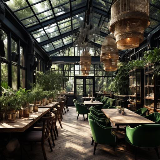 Imagine a restaurant inside a glass conservatory, wooden tables in the garden, green velvet chairs, transparent glass walls with a black metallic structure, three fans hanging from the ceiling, all in natural colors.