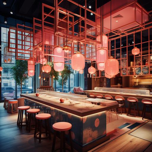 Imagine a spacious Japanese restaurant interior, 400 square meters, Japanese urban pop aesthetic, Tokyo street signs inside the restaurant, neon signs hanging from the ceiling, many Japanese lamps hanging inside the restaurant, a muran on a wall complete with Japanese pop aesthetics, with the aesthetics of the designer Patricia Urquiola