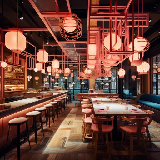 Imagine a spacious Japanese restaurant interior, 400 square meters, Japanese urban pop aesthetic, Tokyo street signs inside the restaurant, neon signs hanging from the ceiling, many Japanese lamps hanging inside the restaurant, a muran on a wall complete with Japanese pop aesthetics, with the aesthetics of the designer Patricia Urquiola