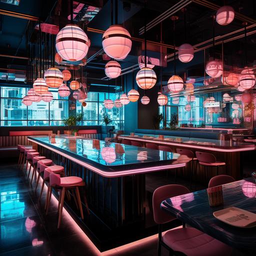 Imagine a spacious Japanese restaurant interior, 400 square meters, Japanese urban pop aesthetic, Tokyo street signs inside the restaurant, neon signs hanging from the ceiling, many Japanese lamps hanging inside the restaurant, a muran on a wall complete with Japanese pop aesthetic, in the aesthetic of sophisticated urban Tokyo