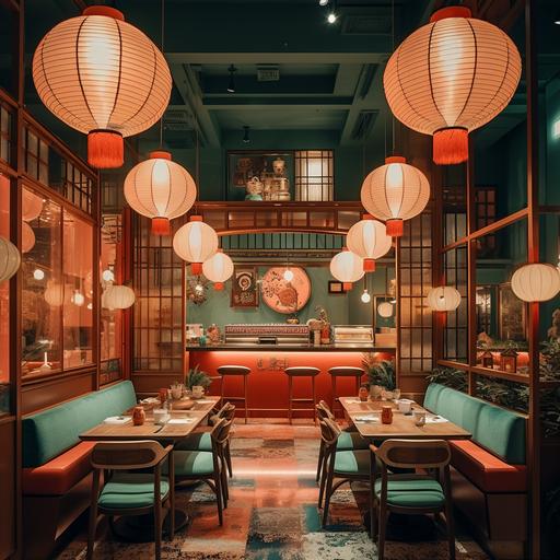 Imagine a spacious interior of a Japanese restaurant, 400 square meters, Japanese pop urban aesthetic, Tokyo street signs inside the restaurant, many Japanese lamps hanging inside the restaurant, a muran on a wall complete with Japanese pop aesthetic, on the aesthetics of wes anderson