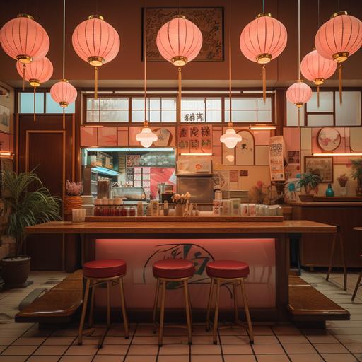 Imagine a spacious interior of a Japanese restaurant, 400 square meters, Japanese pop urban aesthetic, Tokyo street signs inside the restaurant, many Japanese lamps hanging inside the restaurant, a muran on a wall complete with Japanese pop aesthetic, on the aesthetics of wes anderson